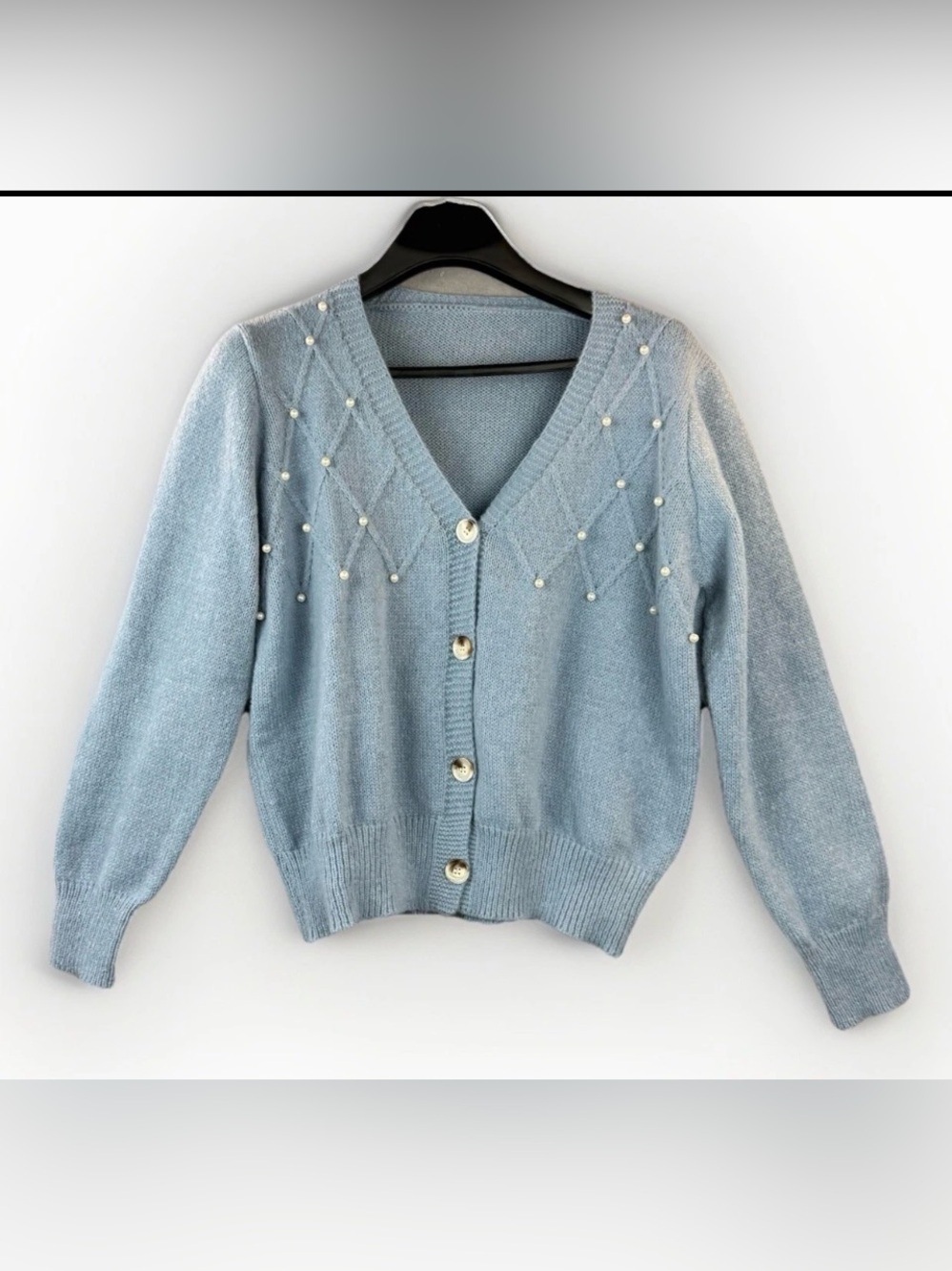Pearl-Accent Light Blue V-Neck Cardigan Sweater